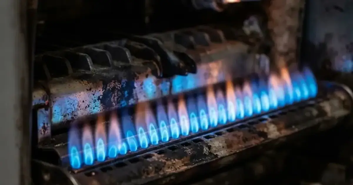 Rampe de bruleur a gaz allumee, flammes bleues regulieres dans la chambre de combustion