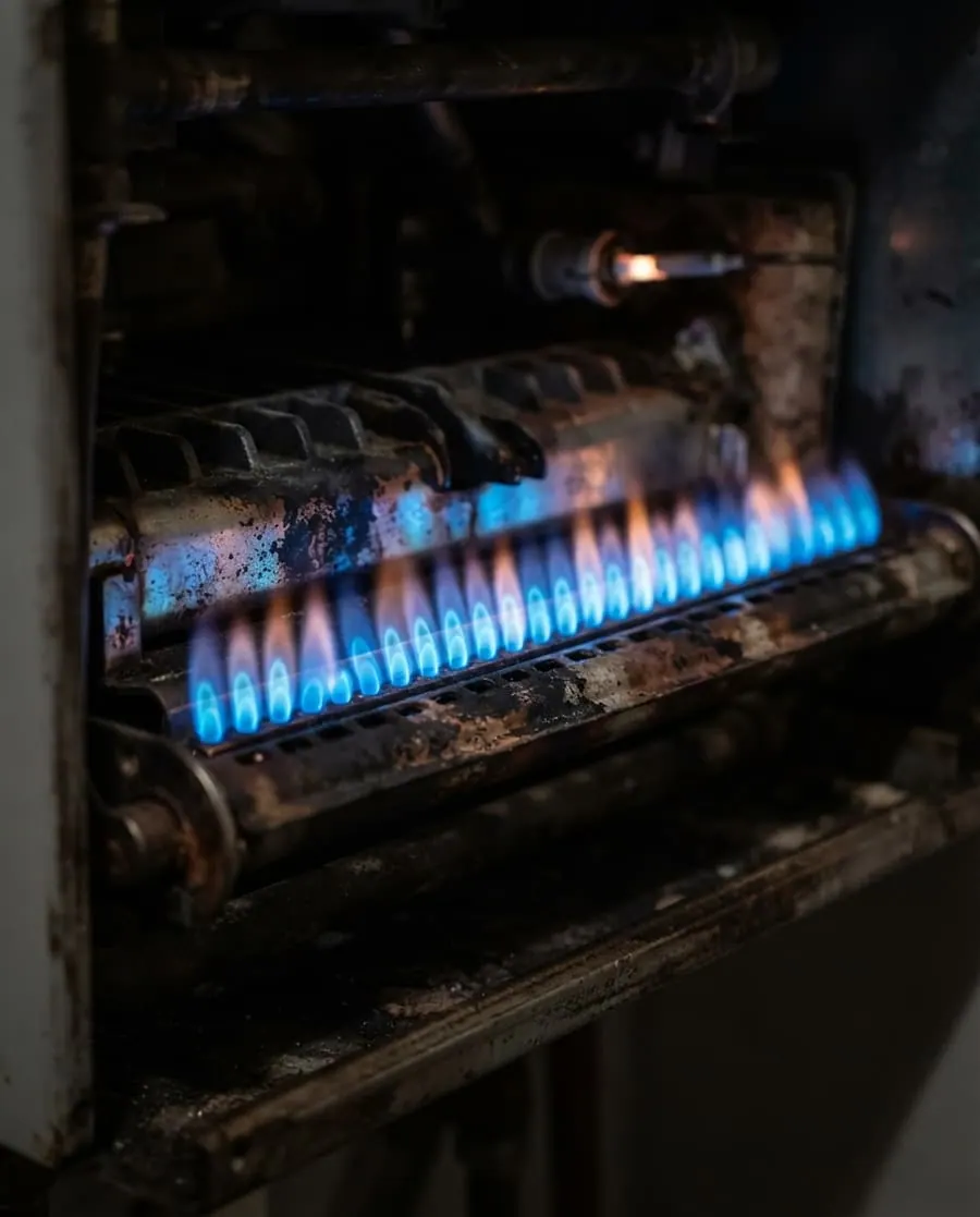 Rampe de bruleur a gaz allumee, flammes bleues regulieres dans la chambre de combustion