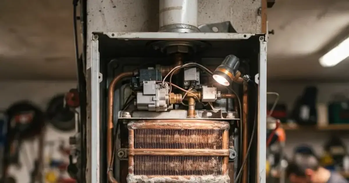 Interieur d'une chaudiere murale ouverte, echangeur cuivre a ailettes et tuyaux souples
